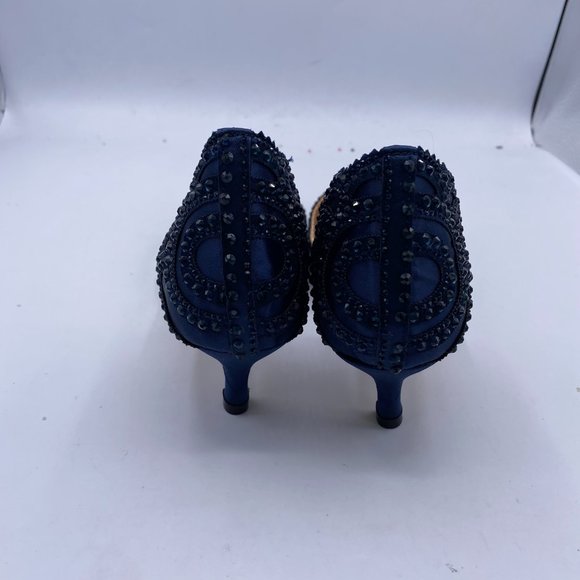 XYD Navy Pointed Toe Low Heel D'Orsay Rhinestone Studs Pump - Picture 5 of 8
